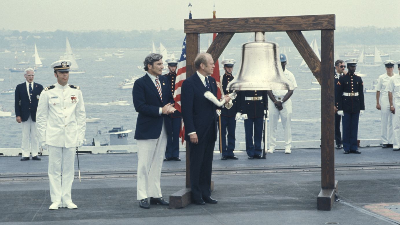Then-President Gerald Ford stands aboard the USS Forrestal during the United States Bicentennial Celebration on July 4, 1976.