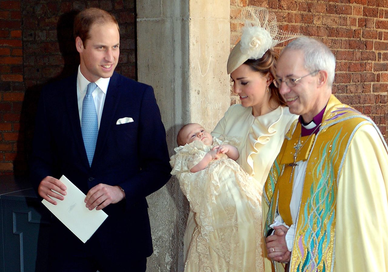 Prince William and Catherine leave with their son after the baby's christening in London on October 23. At right is the archbishop of Canterbury, Justin Welby.