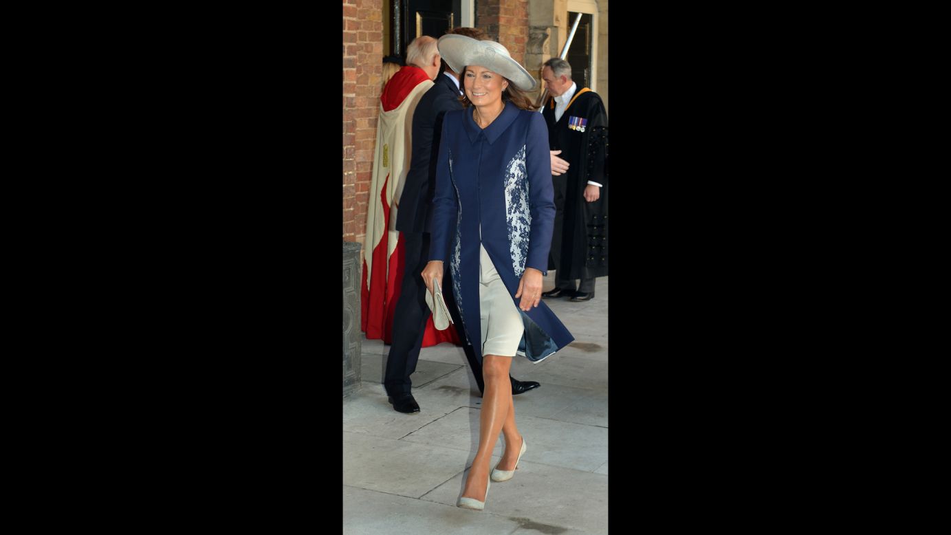 Carole Middleton, Prince George's grandmother, leaves the chapel following the christening. 