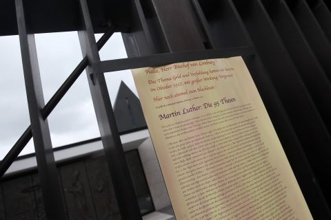 A paper addressed to Tebartz-van Elst and referring to German theologian Martin Luther is posted at his chapel on October 13.
