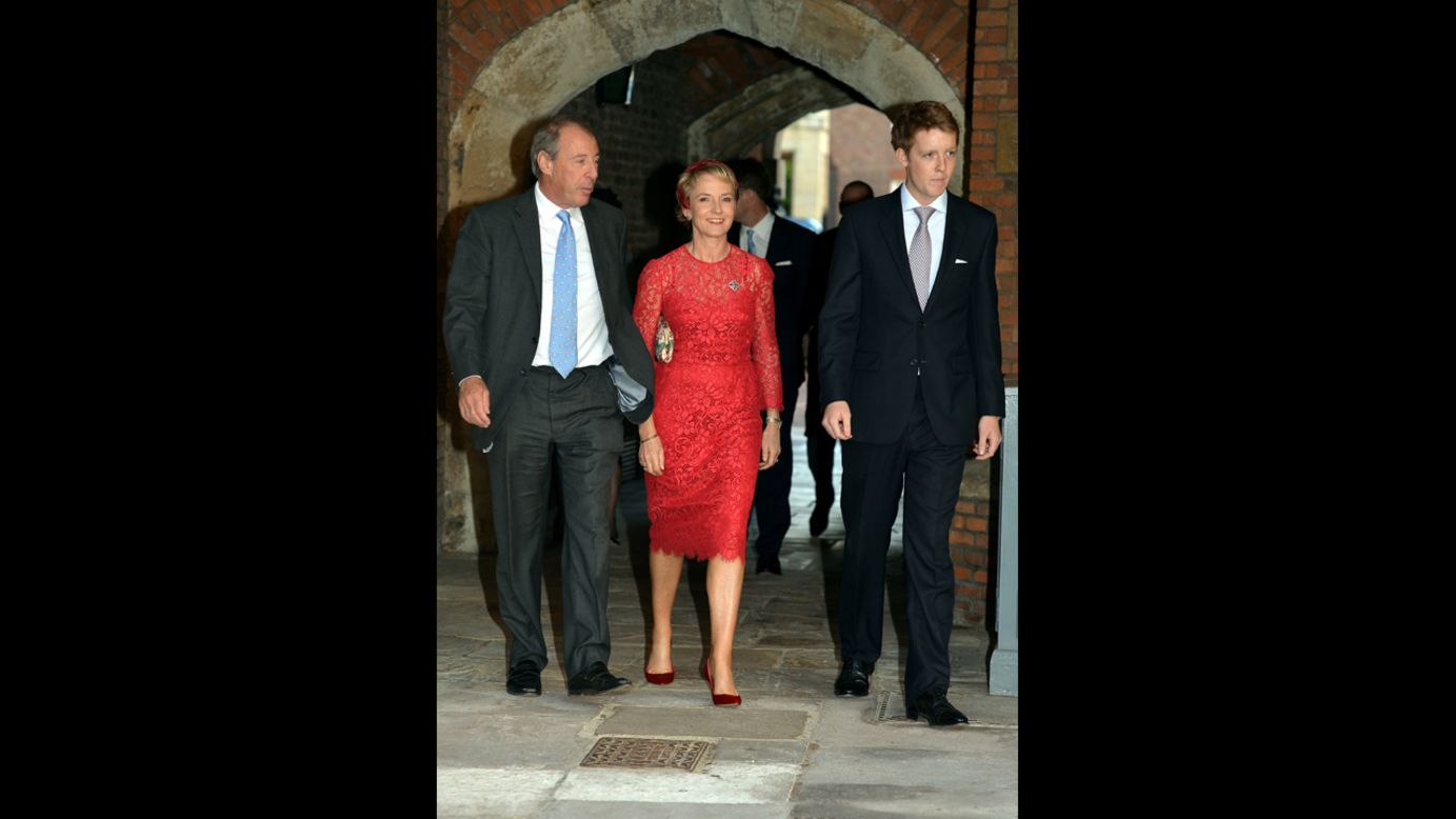 From left, Michael and Julia Samuel arrive with Earl Grosvenor, son of the Duke of Westminster. Julia Samuel was a good friend of William's mother, Diana, Princess of Wales.