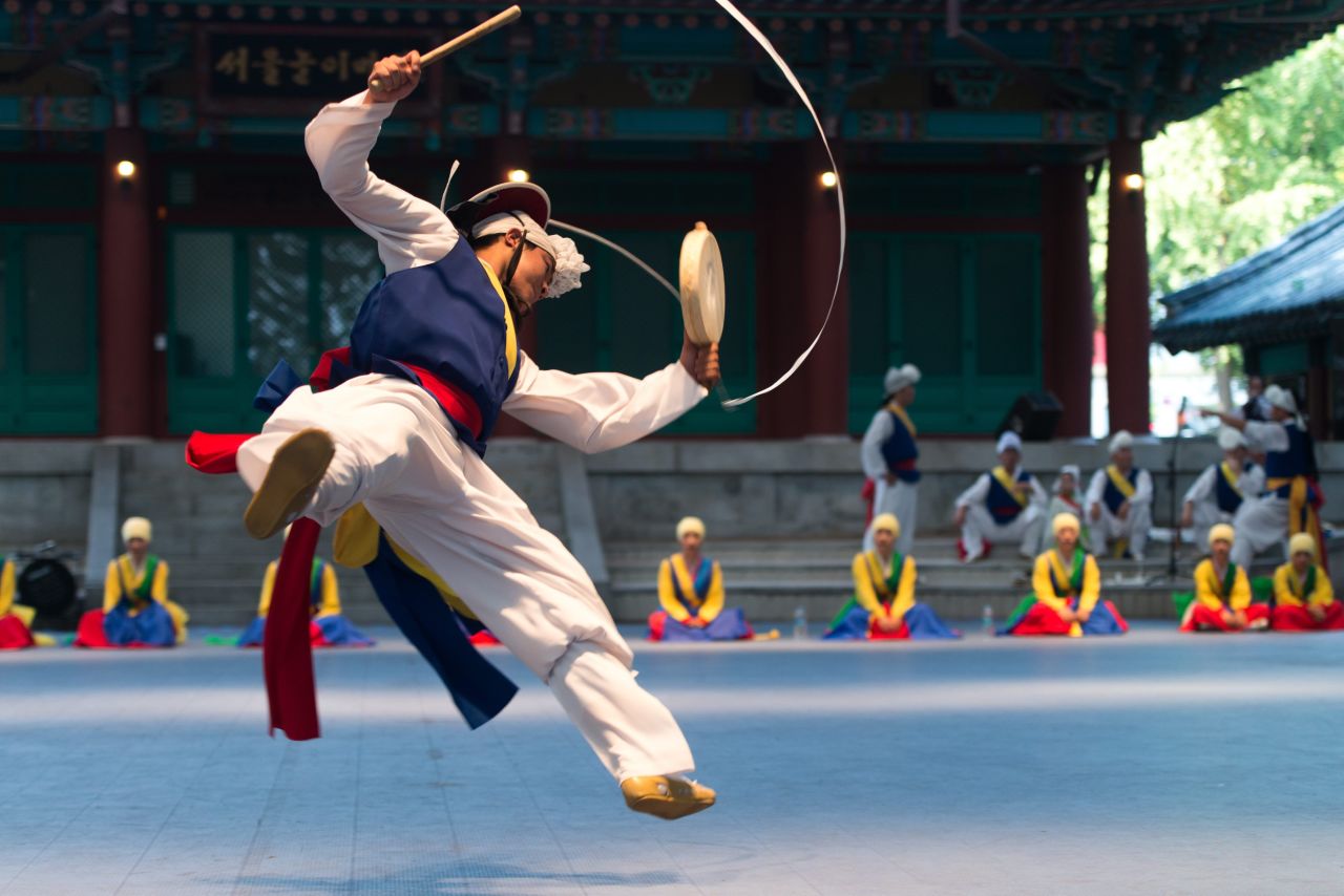 Chuseok is one of the most important holidays on the Korean calendar (both North and South). The three-day event coincides with the autumnal equinox, and is a time when many Koreans visit their families. It is also common to revive folk traditions, such as the tradition jumping dance, poongmul (pictured).