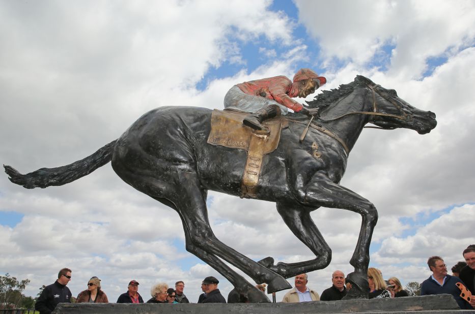 The sculpture, by artist Mitch Mitchell, is lifesize, right down to the horses famous rump.