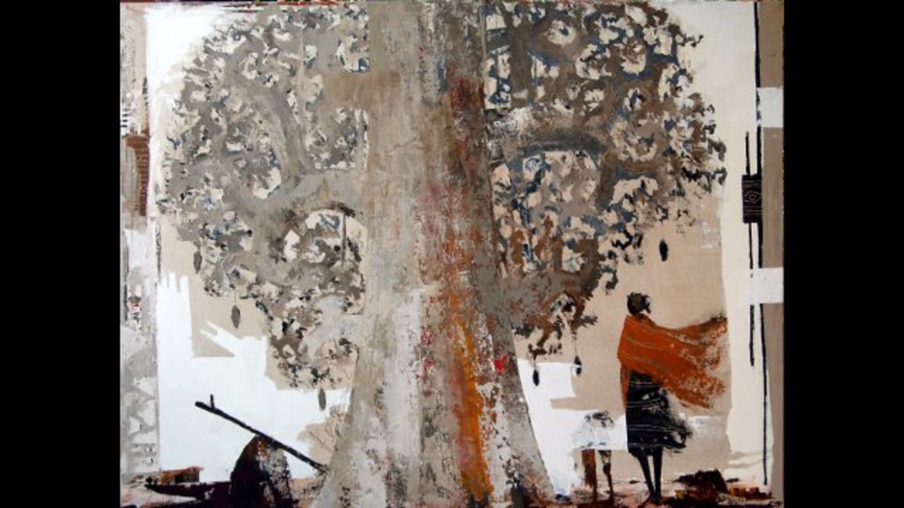 Gabriel Eklou: "Baobab in the Wind." Eklou's work often features tall figures walking through an African landscape. 