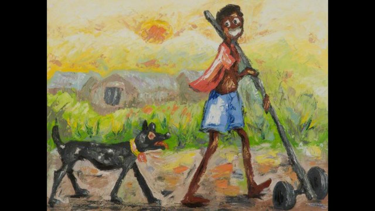 Kwadwo Ani is known for painting wide-eyed characters in everyday situations, contrasting social problems with apparent childlike simplicity.