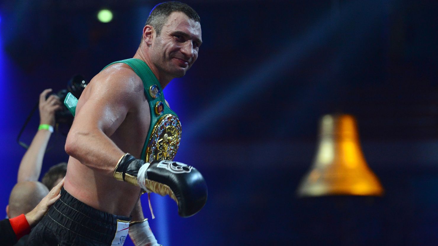 Vitali Klitschko celebrates after winning the WBC-heavy weight title in 2012 in Moscow, Russia.