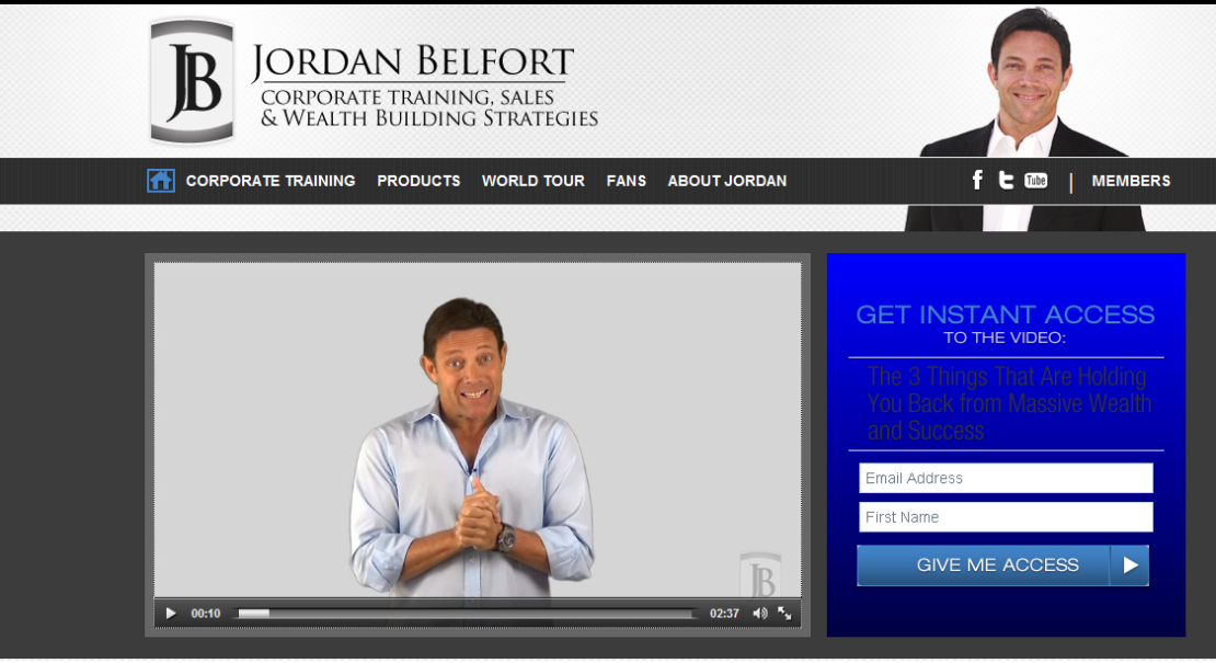 The web page for Jordan Belfort's sales training business.