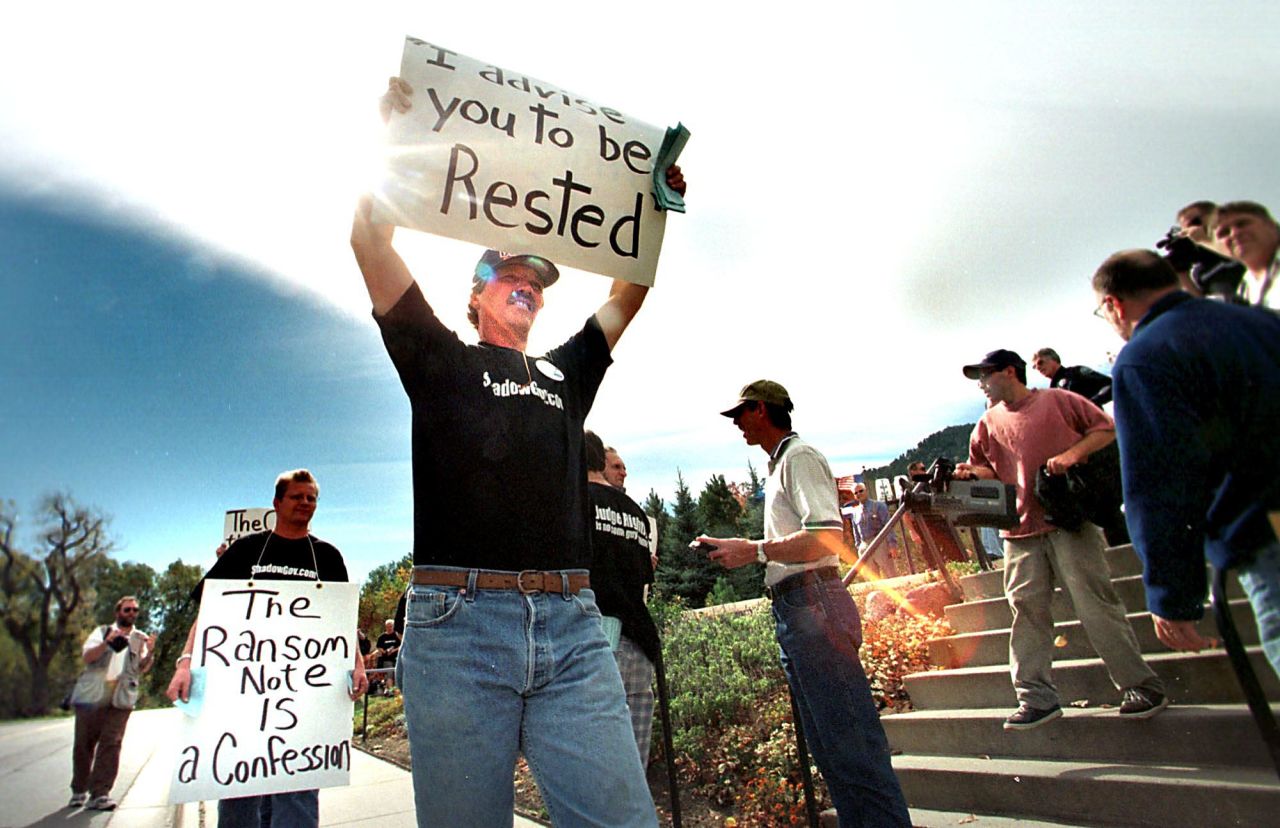 Kenneth Scott, of Denver, protests the outcome of the grand jury investigation in front of the Boulder County Justice Center on October 14, 1999. District Attorney Alex Hunter stated that no indictments would be issued because of a lack of evidence.