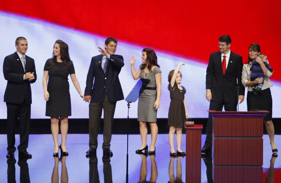 Palin's family appears on stage after her speech to the Republican National Convention in September 2008. From left to right are her son Track; daughter Bristol; Bristol's then-fiancee, Levi Johnston; daughter Willow; daughter Piper; husband Todd; and son Trig.