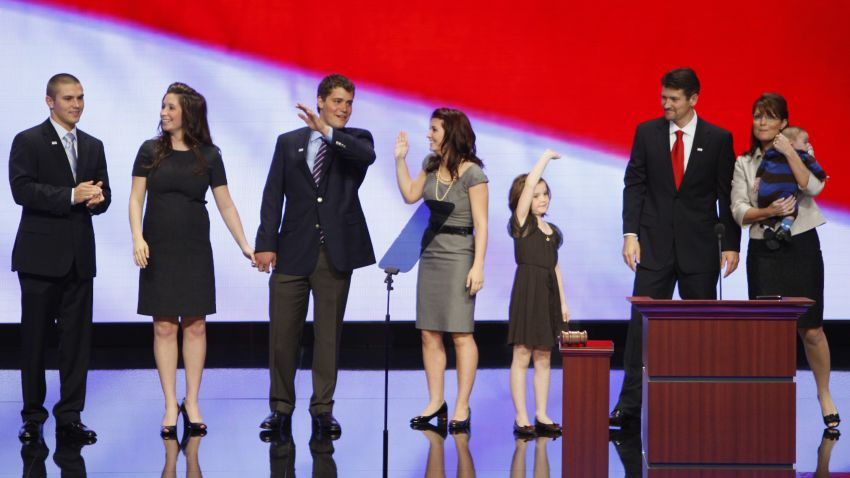 Members of vice presidential nominee Sarah Palin's family (left to right), son Track, daughter Bristol, son-in-law to be Levi Johnston, daughter Willow, daughter Piper, husband Todd and infant Trig, stand on stage following her speech to the Republican National Convention at the Xcel Energy Center in St. Paul, Minnesota, Wednesday, September 3, 2008. (Harry E. Walker/MCT)