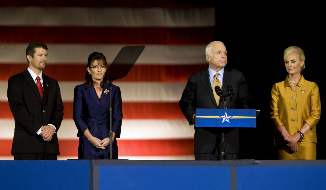 Palin and her husband, Todd, join Republican presidential candidate Sen. John McCain and his wife, Cindy, as McCain concedes the presidential race to Obama in November 2008.