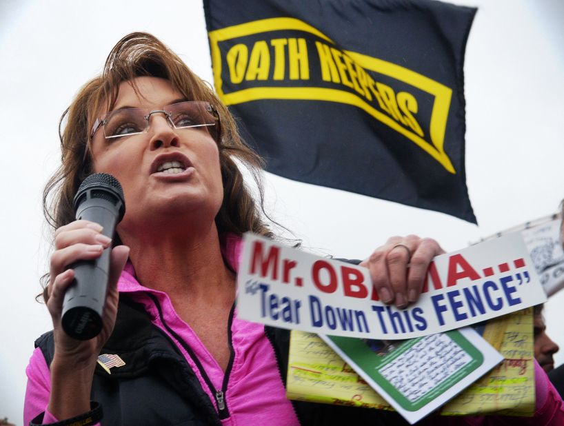 Palin fires up a rally of veterans, their families and supporters at the World War II Memorial in Washington during the partial government shutdown in October 2013.
