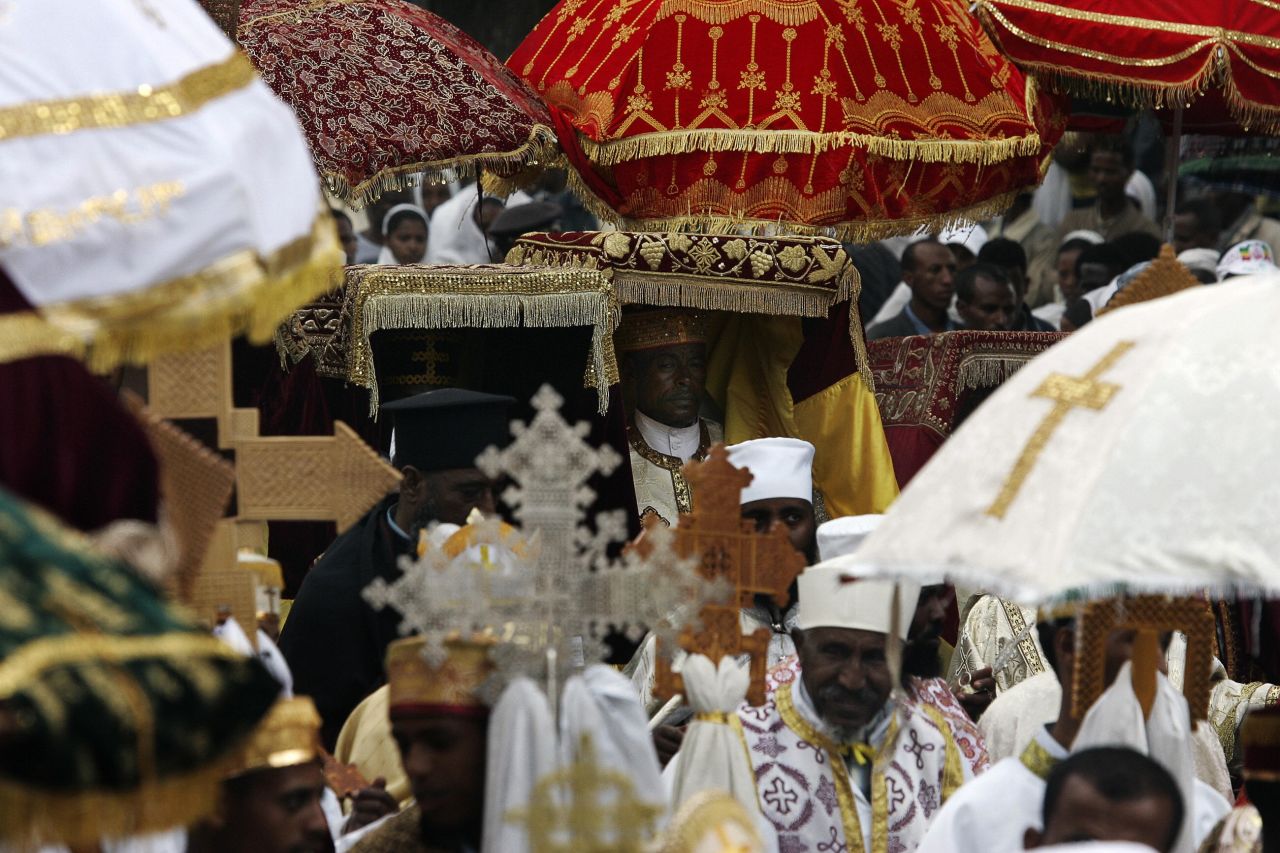 Timkat, or Timket, is a Christian three-day festival held every year in Ethiopia. It celebrates the baptism of Jesus in the River Jordan. On the eve of Timkat a model of the Ark of the Covenant is carried by a priest in a procession to the Fasiladas' Bath, in Gonder, where the royal family used to bathe.