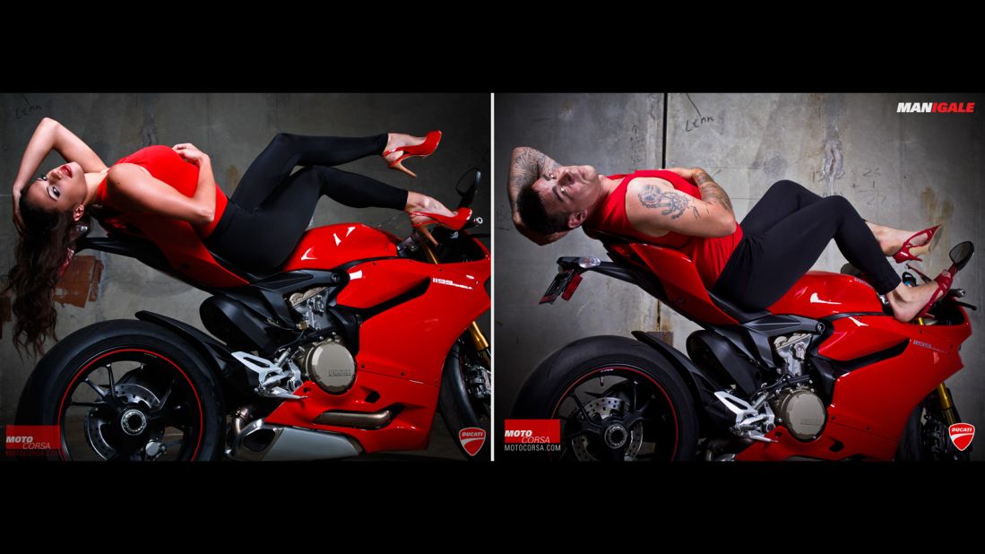Portland, Oregon, Ducati dealership MotoCorsa shot these "girl on bike" images in 2012 to promote the Ducati 1199 Panigale. A few months later,  it re-created the shoot using male MotoCorsa employees in identical outfits. Click through the gallery to see who wore them better: