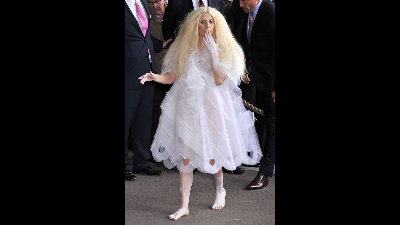 Lady Gaga went with an all-white look -- sans footwear -- while in Berlin on October 24, 2013. 