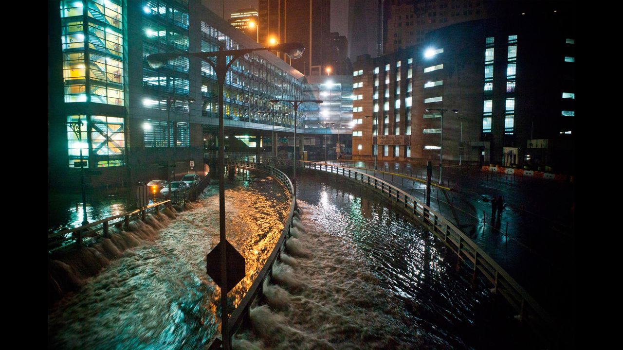 Rising water caused by Superstorm Sandy rushes into the Hugh L. Carey (formerly Brooklyn-Battery) Tunnel in New York City on October 29, 2012. 