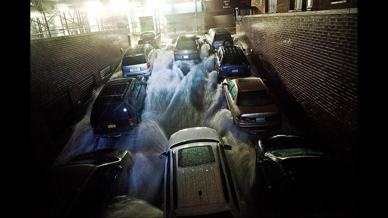  Rising water rushes into a parking garage on October 29, 2012 in New York City. 