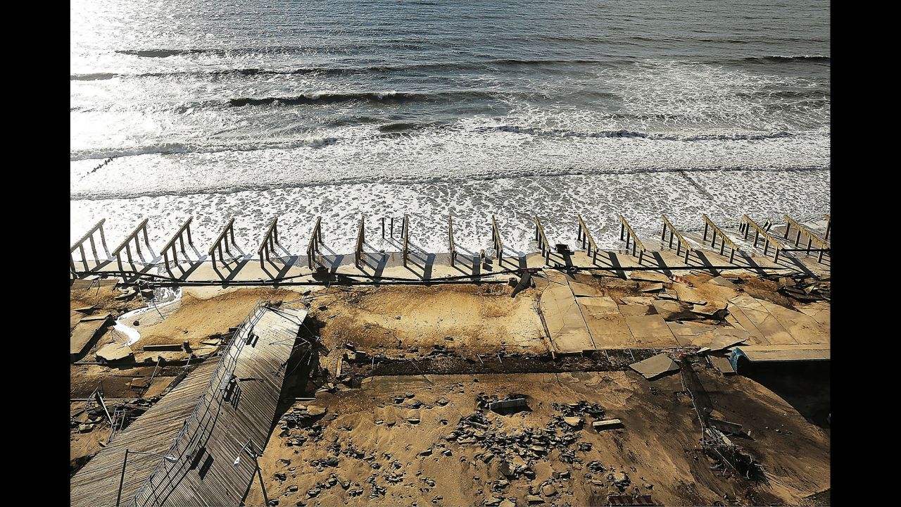 The foundations are all that remain of the historic Rockaway boardwalk in the Rockaway neighborhood in Queens, New York, on October 31, 2012.