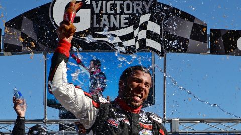 Darrell Wallace Jr. celebrates winning the NASCAR Camping World Truck Series Kroger 200 on Saturday, October 26.