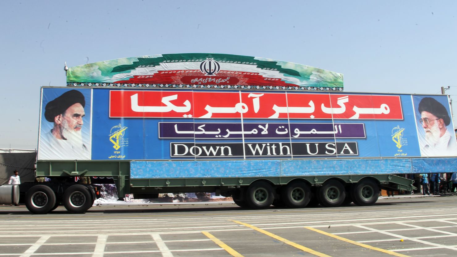 A military truck with a banner against the USA during a military parade in Tehran on September 22.