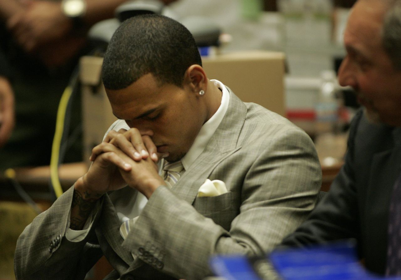 Brown sits in Los Angeles Superior Court during a hearing in his felony assault case on June 22, 2009.