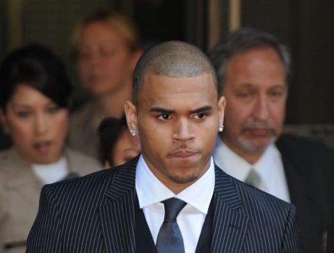 Brown leaves court after sentencing in his felony assault case on August 25, 2009.