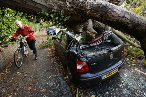 A car in London is crushed by a fallen tree on Monday. There have been several reports of people being killed by fallen trees.