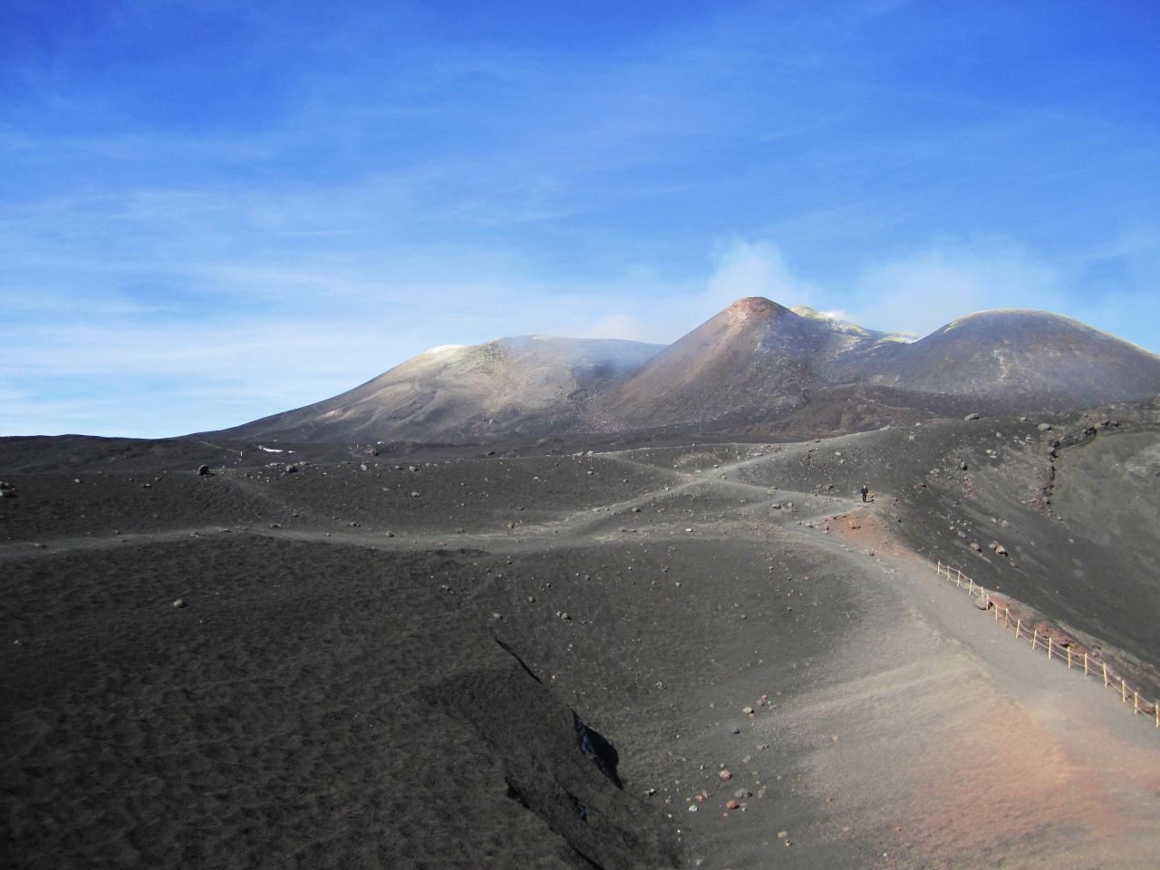 A view from 2,800 meters up the mountain, looking toward the peak of Mount Etna. The top of the volcano is actually a series of craters. Because it erupts frequently, Etna's landscape is constantly changing. These images were taken just a few days before the most recent eruption on October 26, 2013.