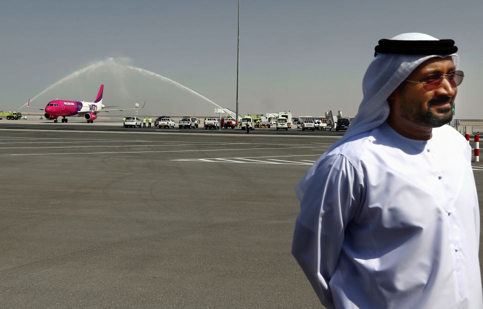 The first arrival received a celebratory water salute.