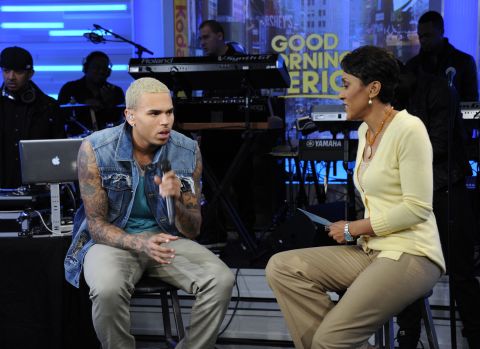 <strong>March 2011: </strong><a href="http://www.cnn.com/2011/SHOWBIZ/03/22/new.york.chris.brown/index.html" target="_blank">Brown stormed off the set of ABC's "Good Morning America" on March 22</a> after Robin Roberts mentioned the assault on Rihanna. Show staff called security after hearing "loud noises coming from Brown's dressing room," according to ABC. The thick glass window in Brown's dressing room window had been smashed, ABC said. Brown apologized the next day, saying he was "disappointed in the way I acted."