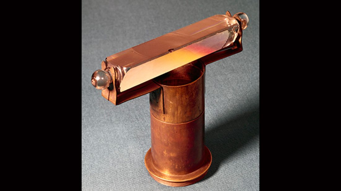 This is the glass prism used by Sir William Herschel to discover infrared radiation. He discovered this invisible type of radiation by studying the area just past red on the color spectrum. To his surprise, it was hotter than all the rest. He was the first person to discover forms of light that are not visible to the human eye. Oh yes, and he also discovered Uranus and wrote 24 symphonies.