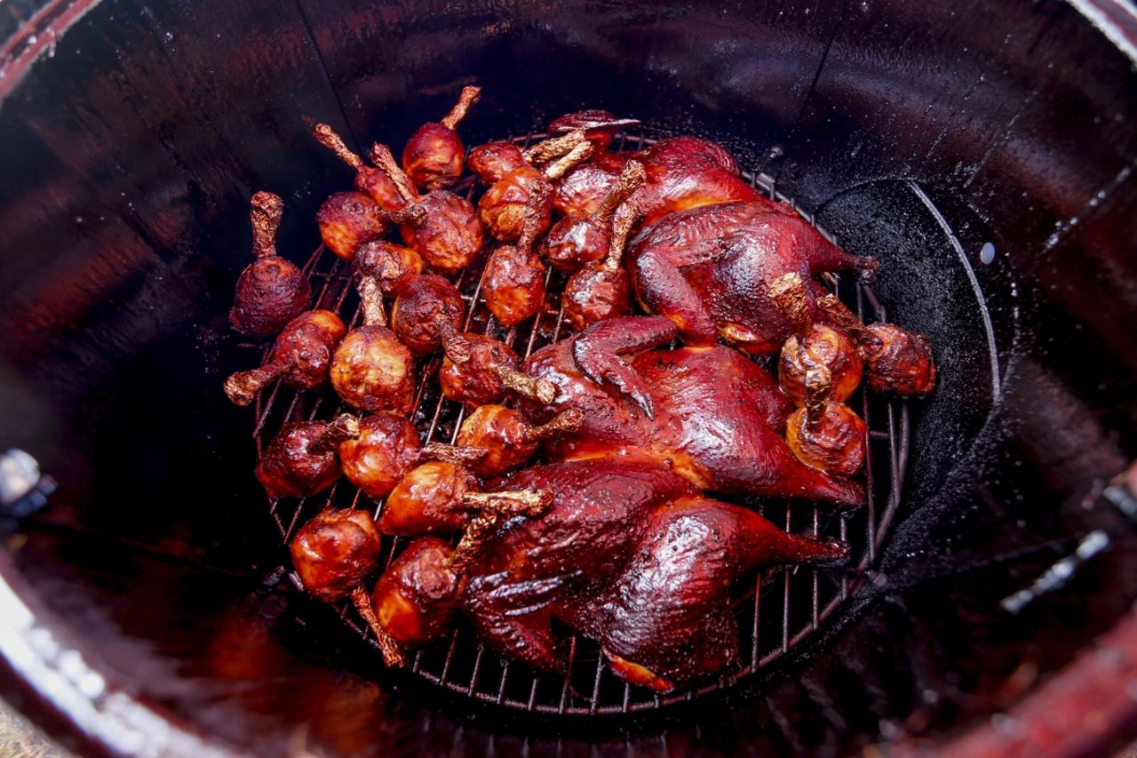 Before they hit the competition boxes, chickens are smoked for many hours for optimal tenderness and flavor.