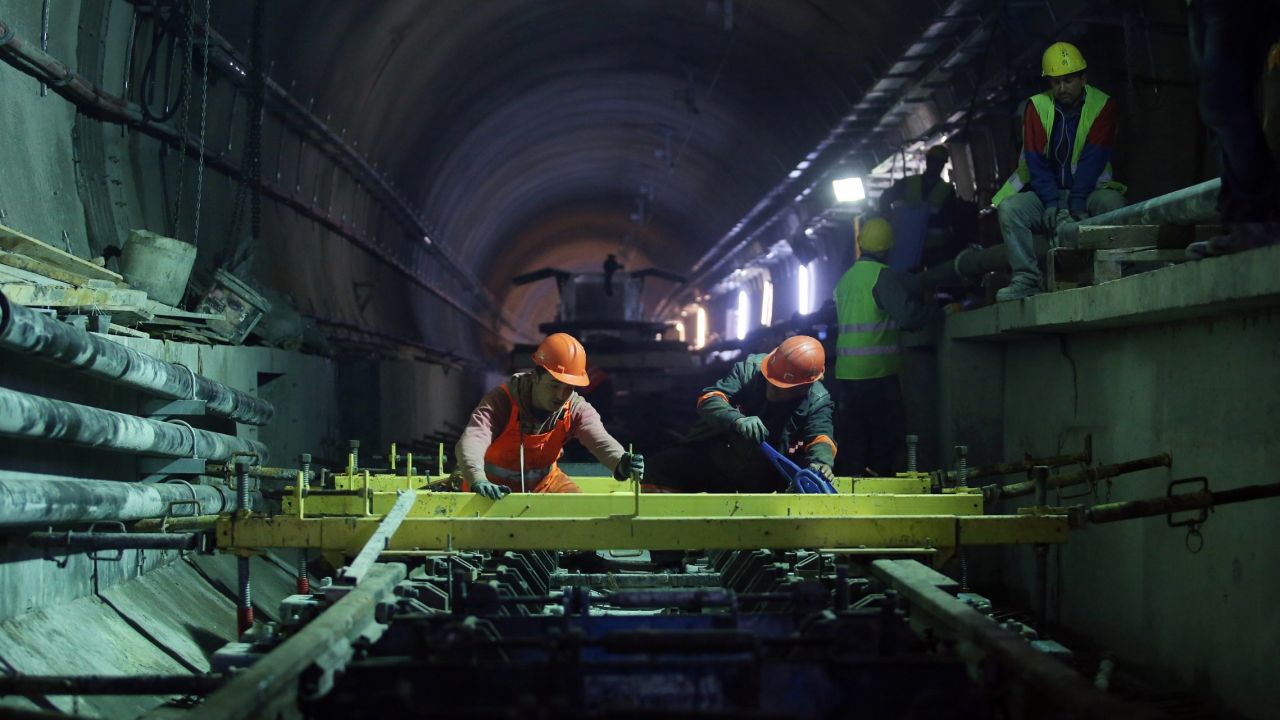 Employees work on the Marmaray tunnel April 18.