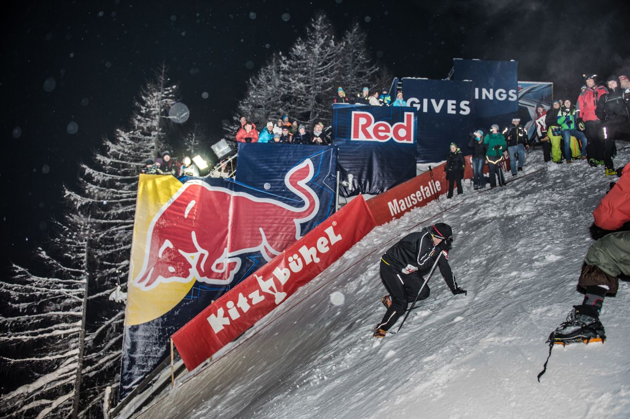 The Streif World Cup downhill course is renowned for its virtually vertical sections, hence it's almost uphill in the opposite direction -- meaning some competitors are forced to climb up on their hands and feet.