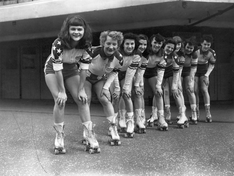 It first took off as a competitive sport in the United States in the 1930s. Here, women from the New York Chiefs before a roller derby between America and Europe in May 1953.