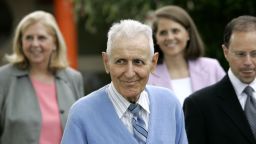 Assisted-suicide advocate Dr. Jack Kevorkian (blue sweater) walks out of the Lakeland Correctional Facility with (L-R) Ruth Holmes, Sarah Tucker, and Jeffrey Morganroth after his release June 1, 2007, in Coldwater, Michigan. Kevorkian, 79, was convicted of 2nd degree murder and delivery of a controlled substance on March 26, 1999, in the death of Thomas Youk. (Photo by Carlos Osorio-Pool/Getty Images)