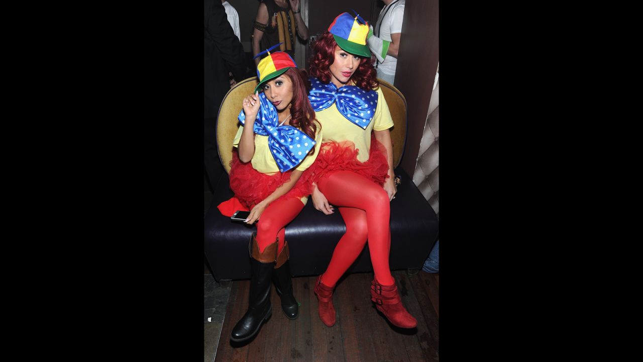 "Jersey Shore" BFFs Jennie "JWoww" Farley and Nicole "Snooki" Polizzi at least have a sense of humor about their misadventures. The pair went as Tweedledee and Tweedledum to an October 25 Halloween shindig.