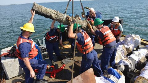 The Coast Guard worked to recover cannons from the Queen Anne's Revenge in Beaufort Inlet, North Carolina, on Monday.
