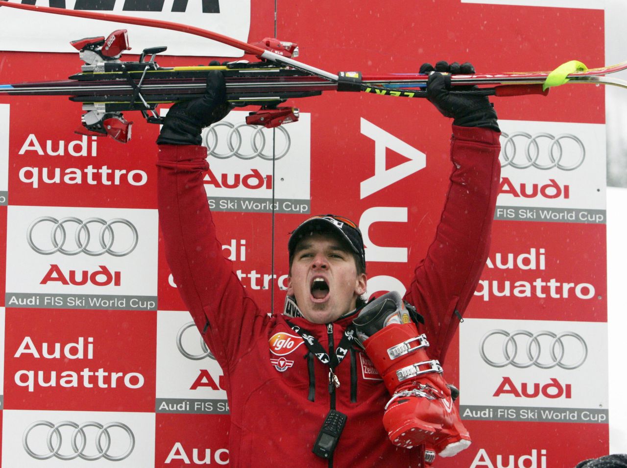 Matthias Lanzinger celebrates the best result of his skiing career, a podium finish at the Super-G in Beaver Creek, Colorado, back in December 2005.