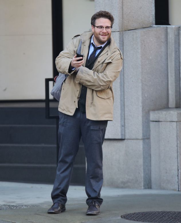 Seth Rogen was either laughing at himself, or laughing while in character as he filmed "The Interview" in Vancouver on October 29.