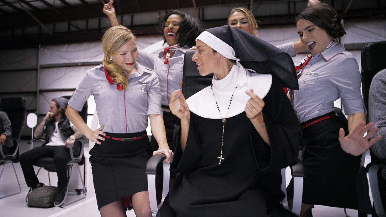 Former Olympian Tamara Campos stars as the nun, a character revived from the old Virgin America safety video. 