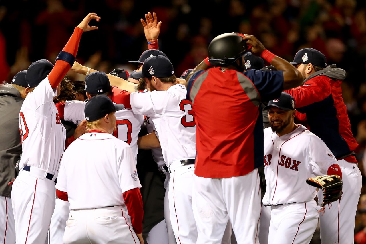The Boston Red Sox celebrate their win. 