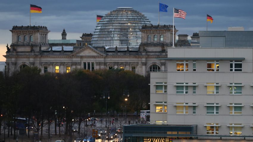 BERLIN, GERMANY - OCTOBER 28: The U.S. Embassy (R) stands near the Reichstag, seat of the Bundestag, on October 28, 2013 in Berlin, Germany. The embassy is becoming a focus in the current scandal over eavesdropping by the National Security Agency (NSA) on the mobile phone of German Chancellor Angela Merkel. According to media reports a branch of the NSA called the Special Collection Service operated sophisticated eavesdropping equipment from the embassy building. (Photo by Sean Gallup/Getty Images)