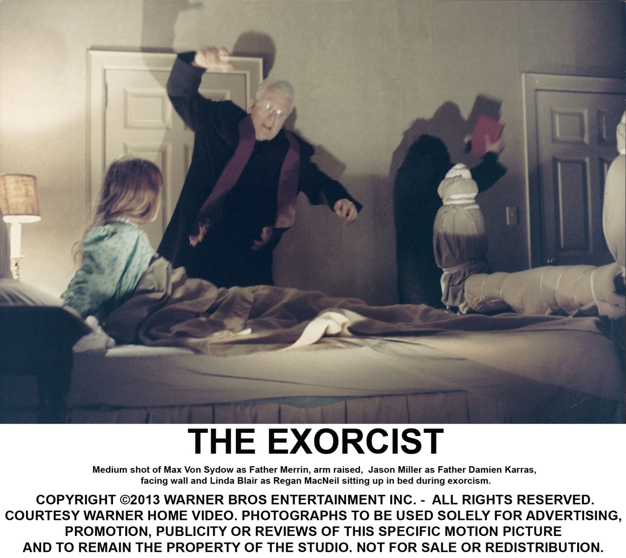 Regan sits up in bed as the priests try to cast out the demon. Wires were used to levitate Linda Blair from her bed. A scene of her spider-walking down stairs, which couldn't be shown in the initial release because the wires showed, was fixed with CGI and added to a 2000 re-release.