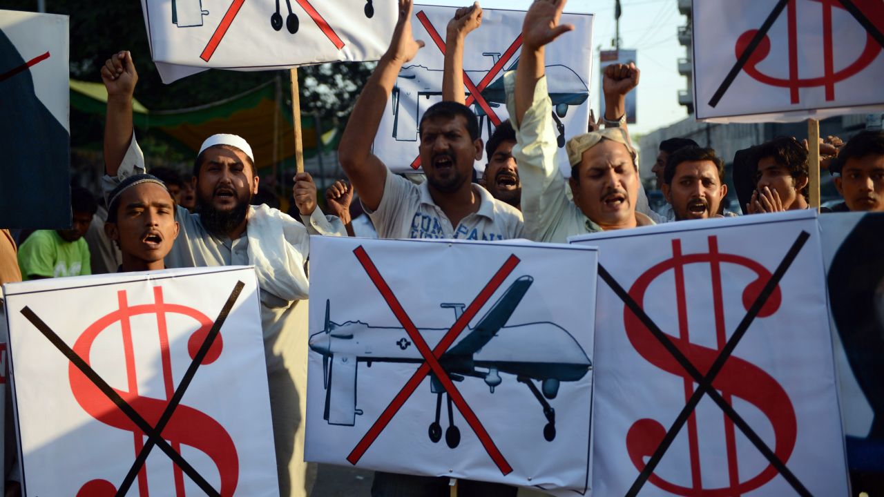 Anti-U.S. protesters in Karachi on October 23 demonstrate against U.S. drone attacks in the Pakistani tribal region.