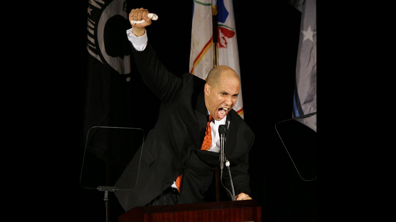Booker gestures as he ends his State of the City speech with a Maya Angelou poem in February 2009.