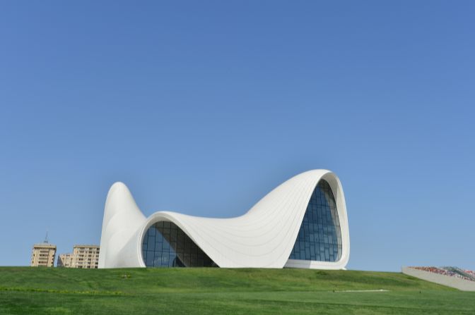 A view across the manicured lawn to the Heydar Aliyev building.
