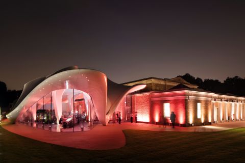 Last month Hadid opened the new Serpentine Sackler Gallery in London's Hyde Park, featuring her distinctive sweeping, space-age roof. 