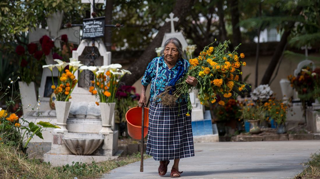 An elderly Zapotec indigenous woman carries flowers to the grave of a family member at the start of the Day of the Dead festival in Teotitlan, Mexico. "Marigold flowers are used for Day of the Dead because of their pungent smell. It's supposed to attract the spirits back on this one day they are allowed to return to visit family and friend," says Anaya-Cerda. 