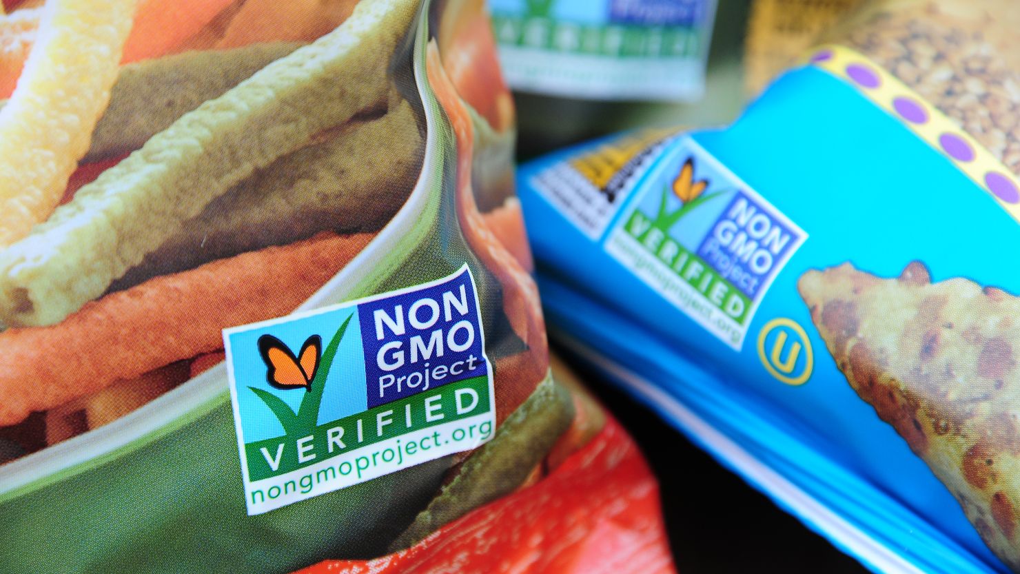 Labels say these snacks don't contain GMOs. A campaign is on in Washington state to require GMO foods to be labeled.